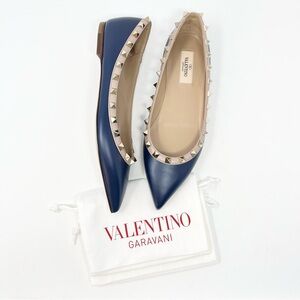 NEW Valentino Garavani Rockstud Rock Stud Leather Flats Shoes Navy Blue 37.5 7.5